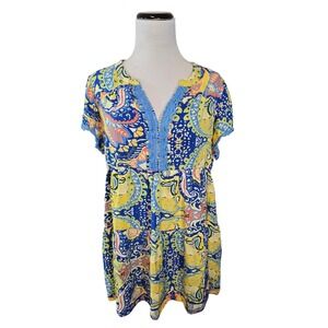 Umgee Women Blue Yellow Paisley Crochet Lace Tiered Babydoll Tunic Dress L R9024